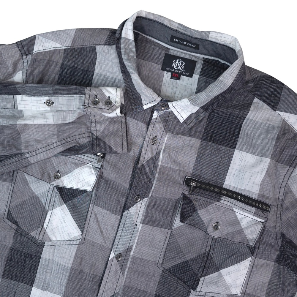 Rock & Republic Button Down Shirt Men XXL Gray Plaid Easy Care Streetwear Casual
